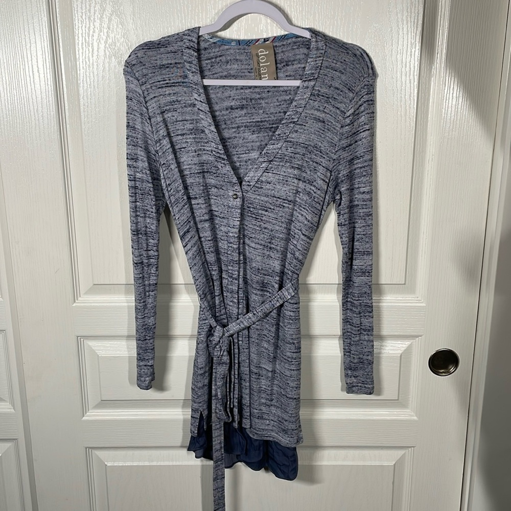 Dolan Blue Heathered Long Belted‎ Cardigan, Size Small